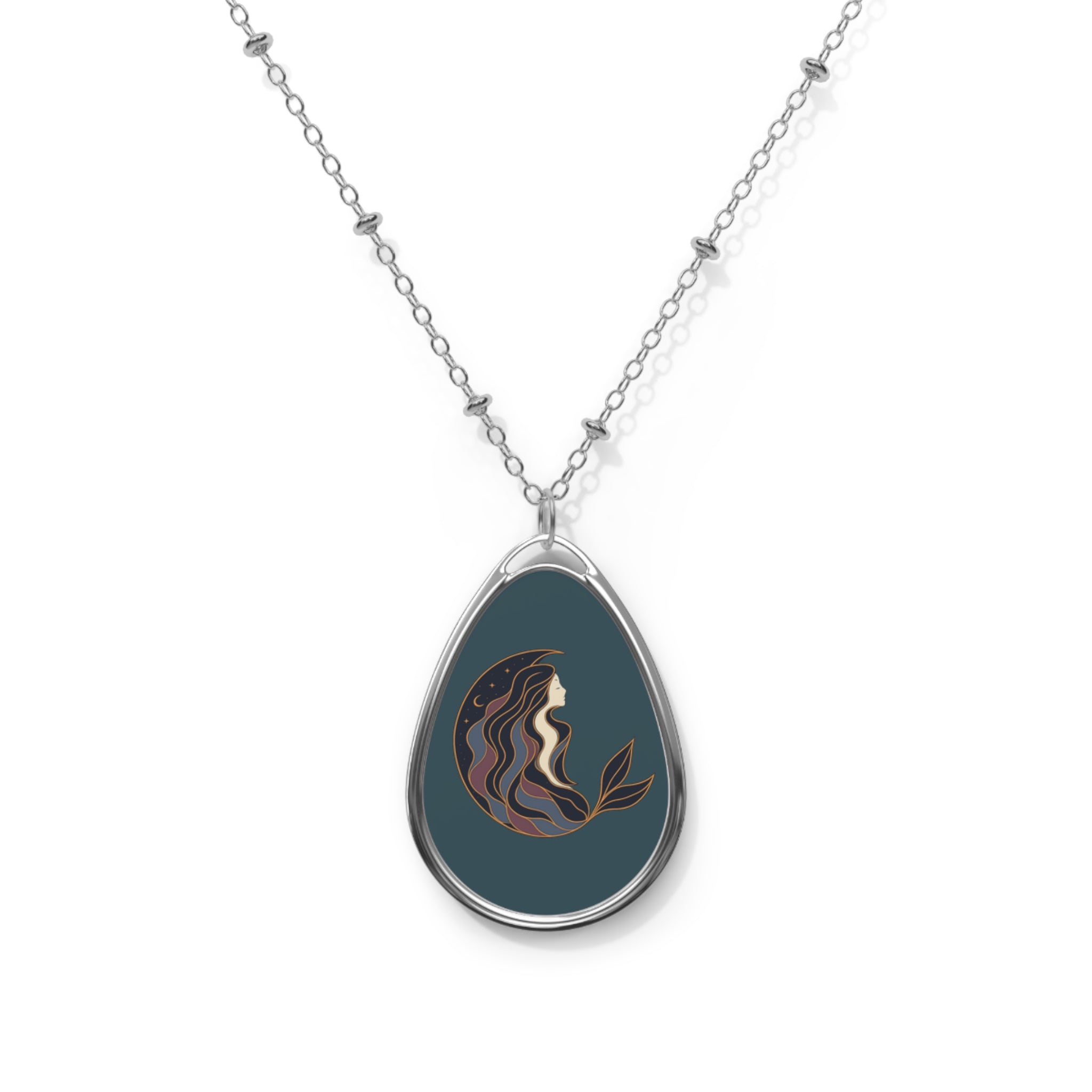 Siren Moon Personalized Oval Pendant Necklace | Celestial Keepsake Jewelry